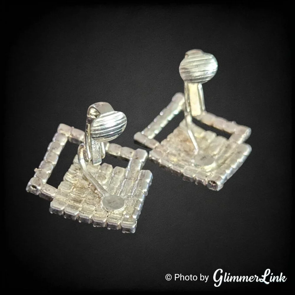 Vintage 70s Rhinestone Geometric Diamond Art Deco Style Clip On Earrings